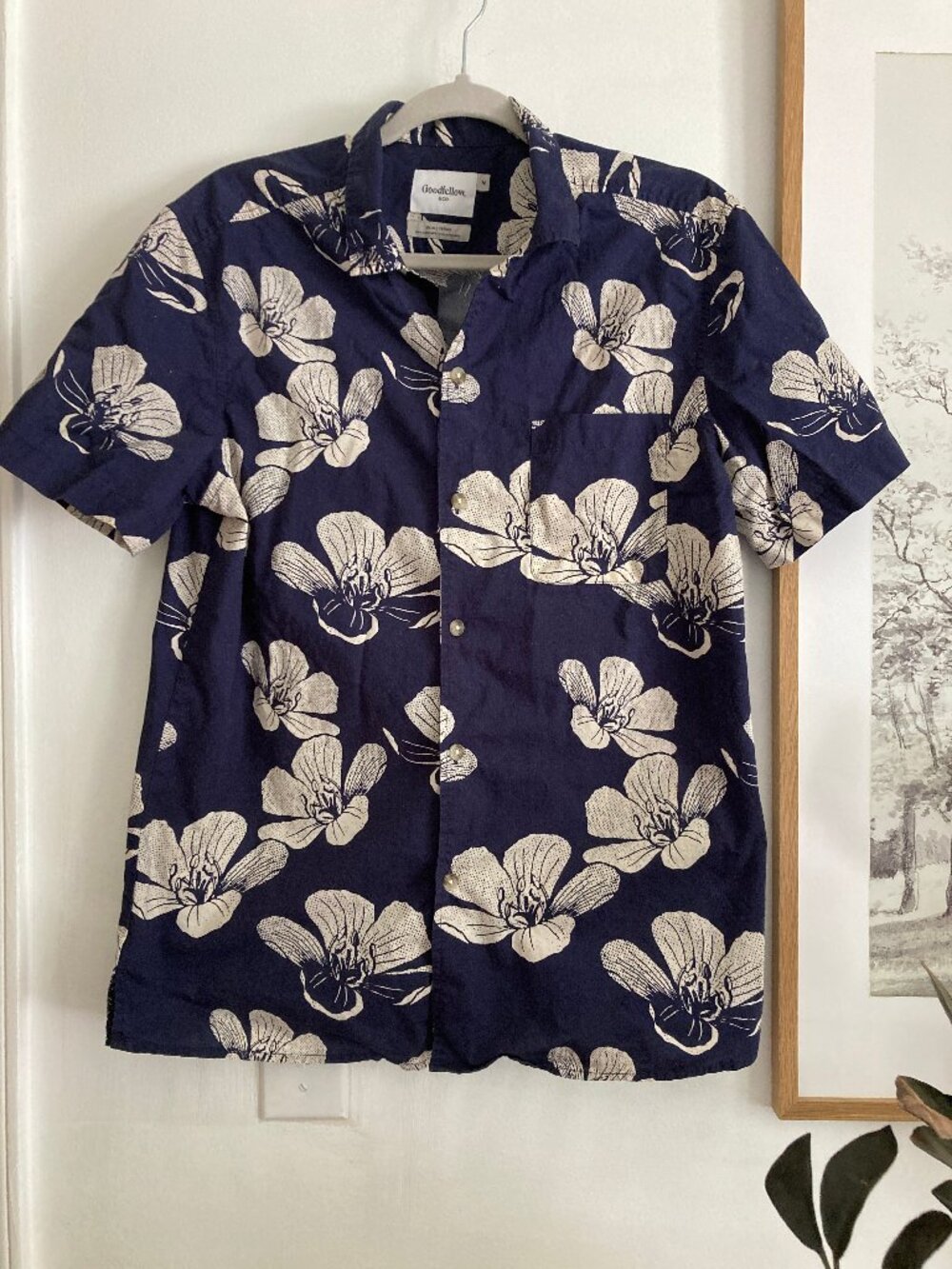 Goodfellow & Co Navy Blue Floral Tropical Short Sleeve Button-Up Shirt Medium